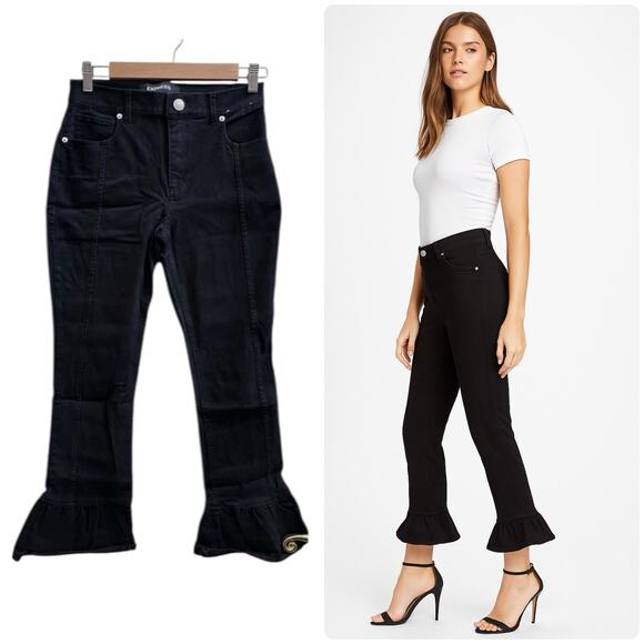 Express Black Size 2 High Rise Stretchy Ruffle Hem Jeans 23 Inch Inseam - Picture 1 of 8
